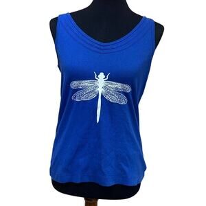 Hand Printed Upcycled Womens Large Dragonfly Cotton Blend Blue V-Neck Tank Top
